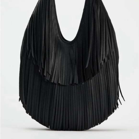 ZARA Black Faux Leather Fringe Shopper Hobo Handbag - Picture 11 of 11